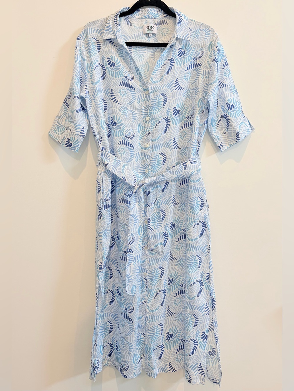 HIHO Tortola Linen Lucy Dress Womens MEDIUM Blue & White Belted Button Midi